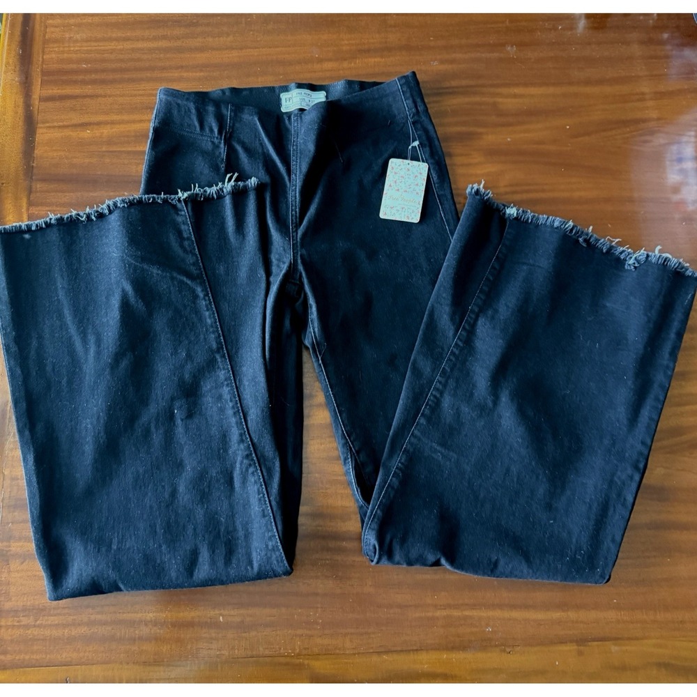 NWT Free People Pull On Flare Jeans Women's 27 Worn Black Stretch Raw Hem Denim